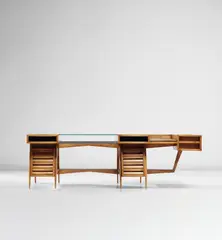 Mario Gottardi, Rare executive desk, designed for a lawyer's office, Turin, circa 1945, Walnut-veneered wood, walnut, glass, brass, felt