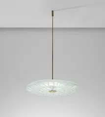 Large ceiling light, model no. 1705 by Max Ingrand, 1958, Sandblasted glass, glass, brass, sold Jun 2020