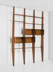 Unique bookcase by Ico Parisi, circa 1948, East Indian rosewood-veneered wood, East Indian rosewood, brass, painted steel, sold Jun 2020