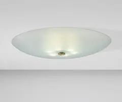 Ceiling light by Max Ingrand, circa 1955, Sandblasted glass, painted aluminium, brass, offered Jun 2020