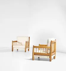 Egon Eiermann, Unique pair of armchairs, designed for Villa Vollberg, Berlin, circa 1941, Oak, fabric