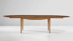 Finn Juhl, Extendable dining table, model no. FJ 49, designed 1948, Brazilian rosewood-veneered wood, Brazilian rosewood, precious metal