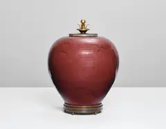Carl Halier and Knud Andersen, Large lidded vase on stand, 1938, Stoneware, oxblood glaze, bronze