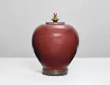 Carl Halier and Knud Andersen, Large lidded vase on stand, 1938, Stoneware, oxblood glaze, bronze