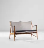 Two-seater sofa, model no. FJ 45 by Finn Juhl, designed 1945, Brazilian rosewood, fabric, leather, sold Jun 2020