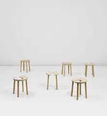 Set of six 'Sauna' stools, designed for the Palace Hotel, Helsinki by Antti Nurmesniemi, designed 1952, produced 1980s, Laminated-birch plywood, teak, birch, sold Jun 2020