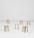 Antti Nurmesniemi, Set of six 'Sauna' stools, designed for the Palace Hotel, Helsinki, designed 1952, produced 1980s, Laminated-birch plywood, teak, birch