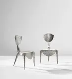 André Dubreuil, Two 'Paris' chairs, circa 1988, Bent, welded and torch-decorated sheet steel