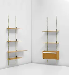 Two-part wall unit by Gio Ponti, circa 1965, Ash-veneered wood, ash, plastic-veneered wood, painted steel, brass, sold Jun 2020