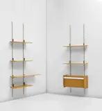 Two-part wall unit by Gio Ponti, circa 1965, Ash-veneered wood, ash, plastic-veneered wood, painted steel, brass, sold Jun 2020