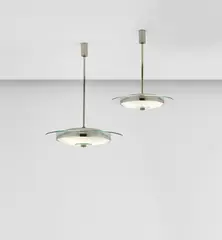 Two rare 'Padelle' ceiling lights by Gio Ponti, circa 1933, Nickel-plated brass, acid-etched glass, offered Jun 2020