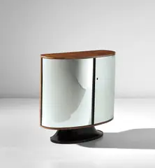 Rare illuminated drinks cabinet, model no. 1094 by Pietro Chiesa, circa 1936, Mirrored glass, burr walnut-veneered wood, painted wood, glass, brass, sold Jun 2020