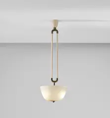 Tomaso Buzzi, Ceiling light, model no. 5264, 1931-1935, Lattimo aurato glass, brass, painted steel