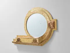 Large mirror with drawer by Carlo Bugatti, circa 1902, Partially painted vellum-covered wood, repoussé brass, mirrored glass, birch, offered Jun 2020