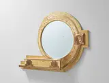 Carlo Bugatti, Large mirror with drawer, circa 1902, Partially painted vellum-covered wood, repoussé brass, mirrored glass, birch