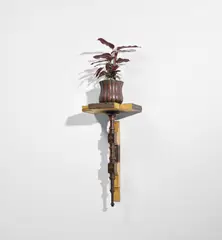 Wall-mounted console by Carlo Bugatti, circa 1900, Vellum-covered wood, painted vellum-covered wood, walnut, ebonised wood, ebonised-veneered wood, repoussé brass, brass a, sold Jun 2020