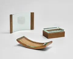 Picture frame, lidded box and cigarette box by Pietro Chiesa, late 1930s, Mahogany, walnut, cherry, glass, sold Jun 2020