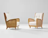 Gio Ponti, Pair of rare armchairs, model no. 489, 1950s, Walnut, cane, fabric