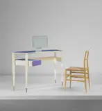 Rare dressing table and 'Superleggera' side chair, model no. 699, designed for the XI Milan Triennale by Gio Ponti, circa 1957, Plastic-laminated wood, painted wood, mirrored glass, brass, ash, straw, sold Nov 2020