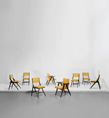 Piero Bottoni, Set of six dining chairs and pair of armchairs, circa 1950, Painted wood, fabric