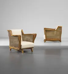 Studio B.B.P.R., Pair of unique armchairs, designed for the library of Casa Cozzi, Treviglio, 1943-1946, Walnut, cane, fabric