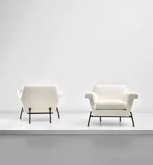 Studio B.B.P.R., Pair of armchairs, circa 1959, Fabric, painted steel, brass