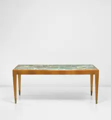 Dining table by Gio Ponti, 1940s, Verde malachite marble, walnut-veneered wood, walnut, brass, sold Nov 2020