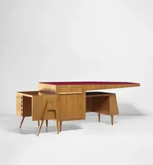 Melchiorre Bega, Unique double desk, circa 1954, Reverse-painted glass, walnut-veneered wood, walnut, brass