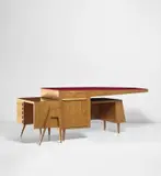 Melchiorre Bega, Unique double desk, circa 1954, Reverse-painted glass, walnut-veneered wood, walnut, brass