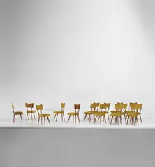 Set of fifteen dining chairs by Pierluigi Giordani, 1950s, Mahogany-veneered wood, mahogany, fabric, sold Nov 2020