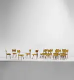 Pierluigi Giordani, Set of fifteen dining chairs, 1950s, Mahogany-veneered wood, mahogany, fabric