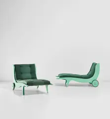 Gio Ponti, Pair of rare lounge chairs, circa 1937, Painted wood, painted steel, fabric, rubber