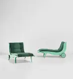 Gio Ponti, Pair of rare lounge chairs, circa 1937, Painted wood, painted steel, fabric, rubber