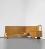 Bed with integrated ‘Parete attrezzata’ by Gio Ponti, 1950s, Oak-veneered wood, oak, sapele, reverse-painted glass, glass, brass, offered Nov 2020