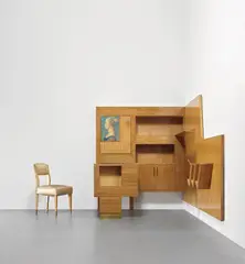 Gio Ponti, Desk and chair with integrated ‘Parete attrezzata’, 1950s, Oak-veneered wood, oak, sapele, reverse-painted glass, glass, brass, fabric, offset print