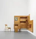 Gio Ponti, Desk and chair with integrated ‘Parete attrezzata’, 1950s, Oak-veneered wood, oak, sapele, reverse-painted glass, glass, brass, fabric, offset print