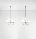 Hans Agne Jakobsson, Pair of ceiling lights, from a church, Sweden, late 1950s, Brass, glass