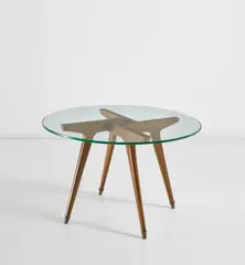 Coffee table by Gio Ponti, 1950s, Stained walnut, glass, brass, sold Nov 2020