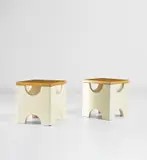 Pair of rare 'Dado' stools, model no. T29 by Ettore Sottsass, circa 1963, Oak-veneeered wood, painted wood, painted steel, sold Nov 2020