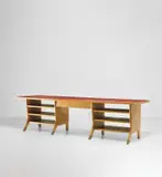 Gio Ponti, Desk, designed for the public administration offices, Forlì, circa 1950, Vinyl covered-wood, oak, brass