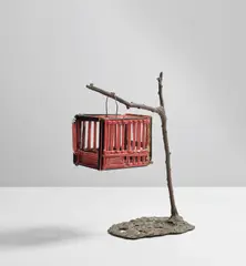Prototype ‘Gabbia da Richiamo’ by Toni Zuccheri, 1968, Patinated bronze, coloured glass, steel wire, sold Nov 2020