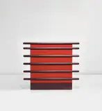'Bastonio' chest of drawers by Ettore Sottsass, circa 1964, Stained oak-veneered wood, stained oak, painted wood, sold Nov 2020