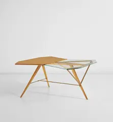 Unique coffee table by Renato Angeli, circa 1954, Glass, birch-veneered wood, birch, painted steel, sold Nov 2020