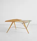Renato Angeli, Unique coffee table, circa 1954, Glass, birch-veneered wood, birch, painted steel