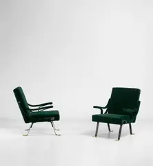 Ignazio Gardella, Pair of 'Digamma' adjustable armchairs, circa 1957, Fabric, painted steel, brass