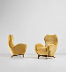 Renzo Zavanella, Pair of armchairs, 1950s, Fabric, walnut