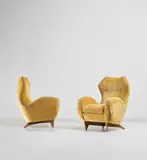 Renzo Zavanella, Pair of armchairs, 1950s, Fabric, walnut