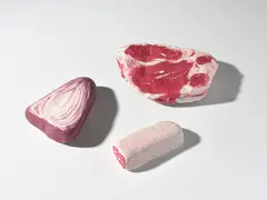 Three works: (i) Blakam's stone (steak); (ii) Blakam's stone (salami); (iii) Blakam's stone (onion) by Nicolas Party, 2010, acrylic on stone, offered Jul 2020
