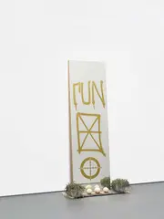 Run by Rashid Johnson, 2010, mirror, spray paint, shea butter, carpet, plants, offered May 2020