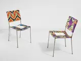 Franz West, Pair of 'Der Ficker' chairs, 2005, metal, linen and printed cotton fabric with accompanying 'Der Ficker' book on metal chain